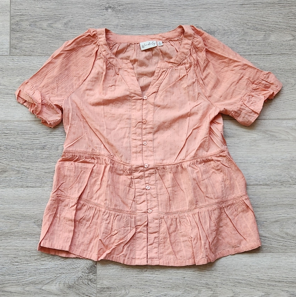 Wonderly Peach Short Sleeve Shirt Womens Small Button Cottagecore